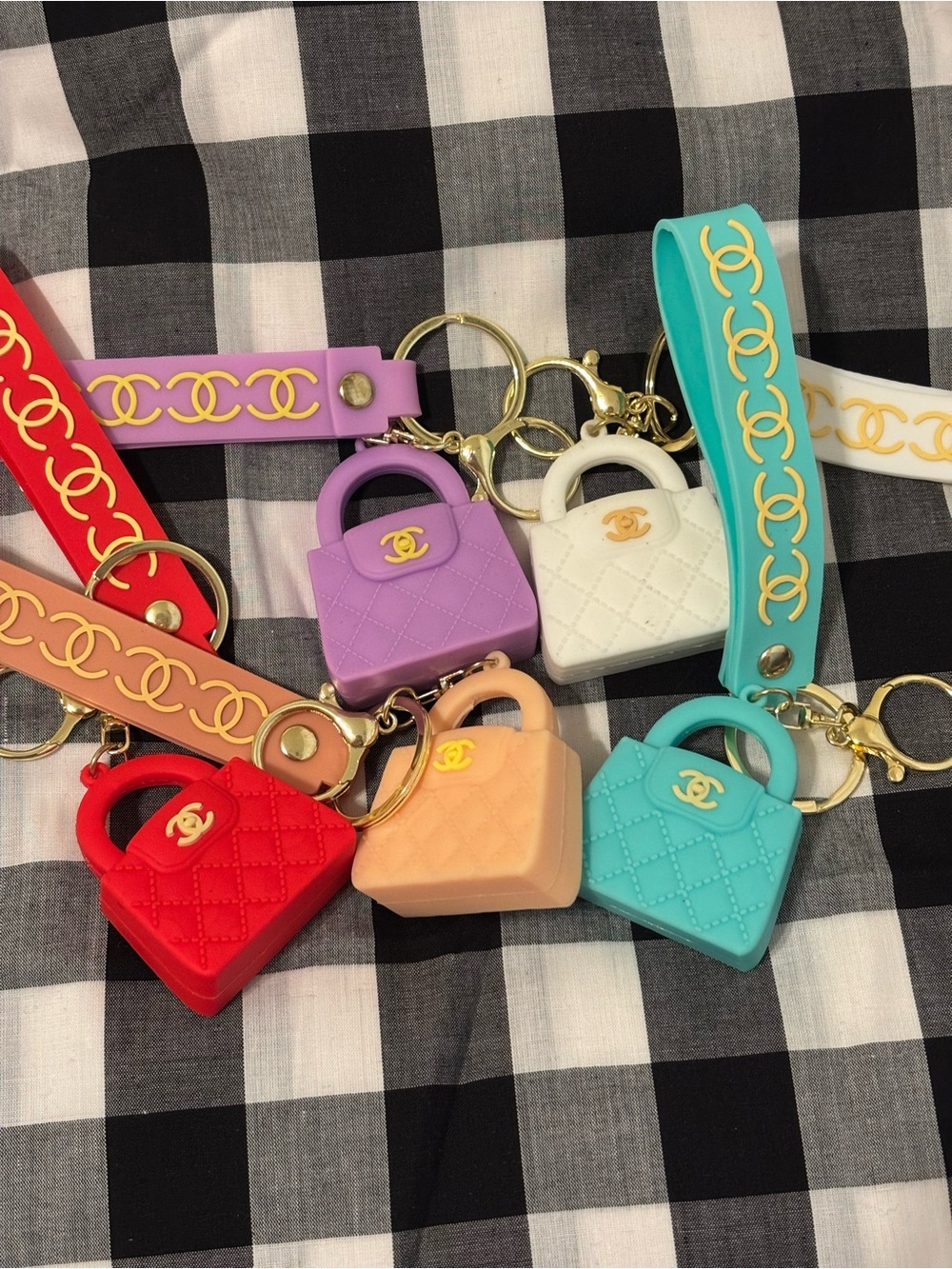 Quilted Mini Handbag Keychain - Turquoise, Red, Lilac, Peach & White